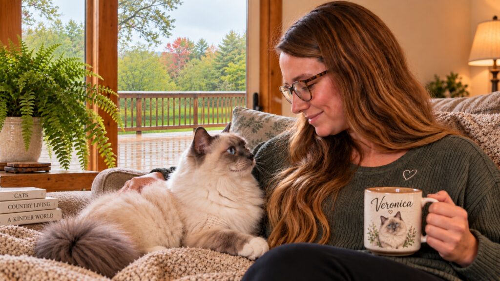 Woman sharing a quiet moment with her Birman cat in a cozy Wisconsin country home