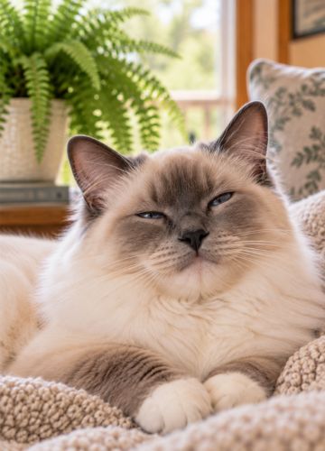 Birman cat making soft eye contact with partially narrowed eyes