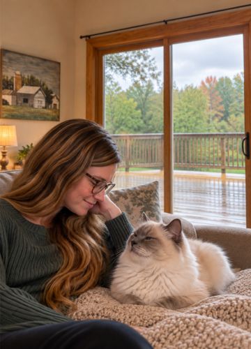 Birman cat resting in a relaxed loaf position beside her human companion