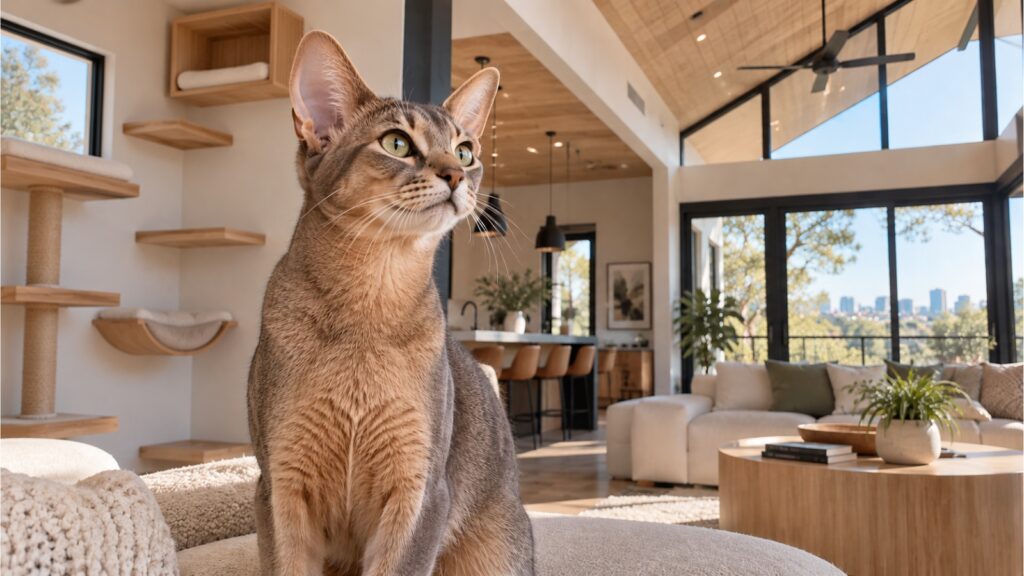 Close-up of a cat with upright ears looking attentively toward a sound
