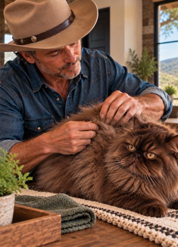 Man gently parting a Persian cat’s fur to inspect the skin underneath