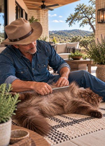 Persian cat lying comfortably while a man gently combs its long belly fur