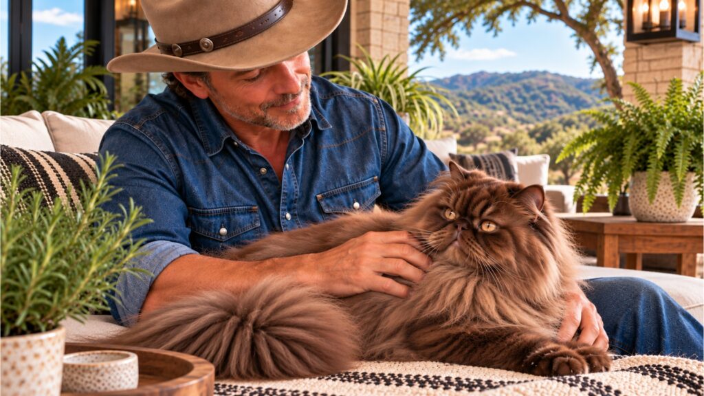 Persian cat relaxing with owner after grooming in a bright outdoor living space