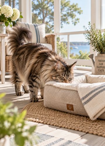 Maine Coon cat resting comfortably on a soft bed in a bright home

