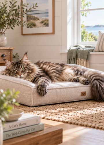 Maine Coon cat stretched comfortably on a flat supportive cat bed