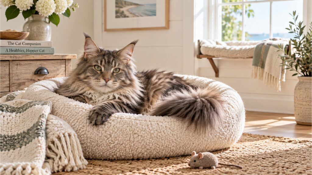 Alt Text: Maine Coon cat resting comfortably in a soft cat bed in a bright home
