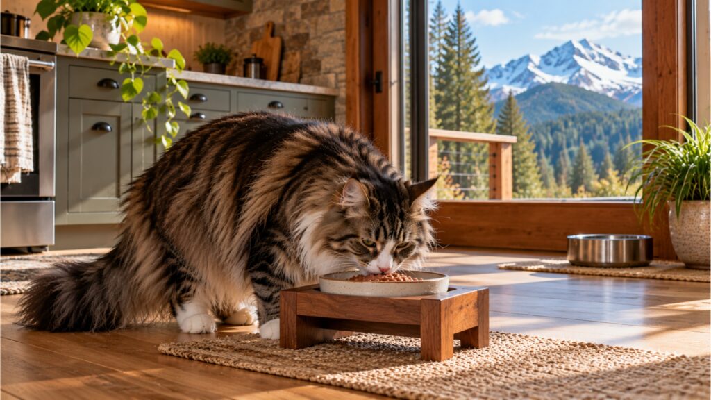Norwegian Forest Cat eating from a ceramic bowl in a Washington mountain cabin
