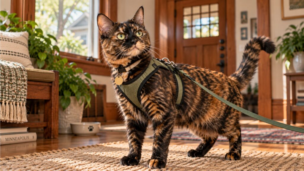 Image 1 — Hero Image
Cat-Specific Gear & Safe Exploration
Purpose:
Immediately establish the article's subject and create an inviting visual entry point. The image introduces cat-specific gear and appropriate outdoor equipment without attempting to illustrate every safety recommendation in the article.
Placement
Place immediately below the introduction and before the H2:
“Proper Fit Matters More Than It Seems”
This placement works because the introduction establishes why cat gear deserves careful consideration, including the important distinction that cats are not simply small dogs. The image then provides a visual transition into the practical fitting information.
Subject
The same high-personality tortoiseshell cat established for this series, wearing:
A properly fitted cat harness
A breakaway collar
Leash attached to the harness, not the collar
The cat should look calm, alert, and natural rather than posed like a dog.
Scene
Warm, authentic Minneapolis Craftsman bungalow interior:
Natural woodwork
Cream/neutral walls
Soft daylight
Warm wood tones
Restrained furnishings
Lived-in but uncluttered
Premium editorial-photography appearance
Configuration
1600 × 900 px — 16:9
Alt Text
Tortoiseshell cat wearing a properly fitted harness and breakaway collar indoors
Title
Cat Harness and Breakaway Collar Safety
Caption
Cat-specific gear should fit the cat—not simply be adapted from equipment designed for dogs.
Description
A tortoiseshell cat wearing a properly fitted harness and breakaway collar inside a warm Minneapolis Craftsman bungalow. The cat is calmly standing on a woven rug in natural light, introducing the article's focus on cat-specific equipment, proper fit, and safer outdoor exploration.
Image 2 — Wrap Image
Proper Harness Fit
Purpose:
Provide a visual break while directly reinforcing the article's first major practical lesson: proper fit matters.
This is a true instructional/editorial image rather than simply another decorative cat photograph.
Placement
Place after the paragraph ending:
“Large cats, including Maine Coons, may need harnesses specifically designed for their proportions rather than simply choosing a larger version of a standard cat harness.”
And immediately before:
“Fit is not cosmetic. It is a safety issue.”
This is the strongest placement because the reader has just received the practical collar and harness fitting guidance. The image gives that information a visual anchor before the article moves into the importance of fit as a safety issue.
Subject
The same tortoiseshell cat wearing the same harness and breakaway collar.
A person's hands gently check or adjust the harness around the cat's chest.
The hands should look:
Natural
Attentive
Gentle
Unposed
Clearly checking fit rather than restraining the cat
Scene
The same Minneapolis Craftsman bungalow, preferably a nearby living-room or entry area.
Maintain:
Same woodwork
Same neutral palette
Same natural light
Same furnishings/style
Same overall visual identity as the hero
Composition
The cat and hands should remain comfortably within the frame so neither is awkwardly cropped when used as a wrapped portrait image.
Configuration
360 × 500 px — portrait
Alt Text
Person checking the fit of a harness on a tortoiseshell cat
Title
Proper Cat Harness Fit
Caption
A proper harness fit should balance comfortable movement with a secure, reliable fit.
Description
A person gently checks the fit of a harness on a calm tortoiseshell cat in a Minneapolis Craftsman bungalow. The hands are positioned naturally around the cat's chest and harness, illustrating the importance of checking fit for comfortable movement and secure positioning.
The image directly supports the article's discussion of allowing full movement and comfortable breathing while preventing the cat from backing out of the harness.
Image 3 — Wrap Image
Safe Outdoor Exploration
Purpose:
Visually connect the article's discussion of leash attachment and controlled outdoor exploration with the following section on heat and environmental conditions.
This image should communicate positive, controlled exploration rather than trying to literally illustrate heat.
Placement
Place after the entire section:
“Leashes: Use the Harness, Not the Collar”
and immediately before:
“Harnesses and Heat: What Actually Matters”
This is an excellent transition point because the preceding section explains where the leash should attach, how to introduce the harness and leash, and why the goal is controlled exploration rather than making a cat behave like a dog. The next section shifts into environmental considerations such as heat, humidity, sun exposure, coat, and exertion.
Subject
The same tortoiseshell cat wearing:
The same harness
The same breakaway collar
Leash attached to the harness
The cat should be calmly exploring, not walking obediently beside a person like a dog.
The posture should communicate:
curious + comfortable + independent
Scene
A shaded, leafy Minneapolis residential setting consistent with a Craftsman neighborhood:
Mature trees
Front garden
Sidewalk or porch area
Soft morning or evening light
Shaded conditions
Quiet residential atmosphere
Avoid hot midday sunlight.
Composition
Keep the cat large enough to remain visually recognizable at 360 × 500 px while allowing enough of the surrounding garden to establish the outdoor setting.
Configuration
360 × 500 px — portrait
Alt Text
Tortoiseshell cat exploring a Minneapolis garden on a harness and leash
Title
Safe Outdoor Exploration for Cats
Caption
A harness-attached leash gives a cat a safer way to explore without putting leash pressure on the neck.
Description
A tortoiseshell cat wearing a harness and breakaway collar calmly explores a shaded Minneapolis residential garden on a leash attached to the harness. The leafy setting and soft natural light reinforce the article's focus on controlled outdoor exploration, appropriate equipment, and attention to environmental conditions.
The image directly follows the article's recommendation to attach the leash to the harness rather than the collar and its emphasis on introducing outdoor exploration gradually and in a controlled manner.