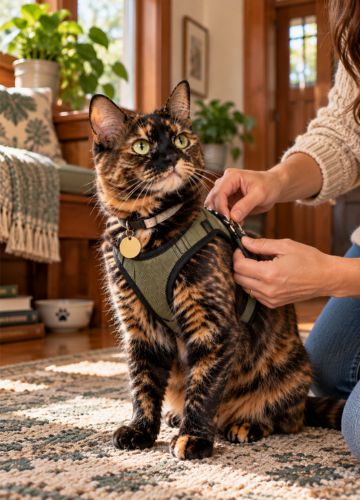 Person checking the fit of a harness on a tortoiseshell cat