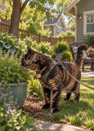 Tortoiseshell cat exploring a Minneapolis garden on a harness and leash