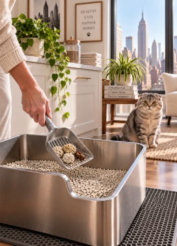 Person scooping a stainless steel litter box while a Scottish Fold cat watches nearby