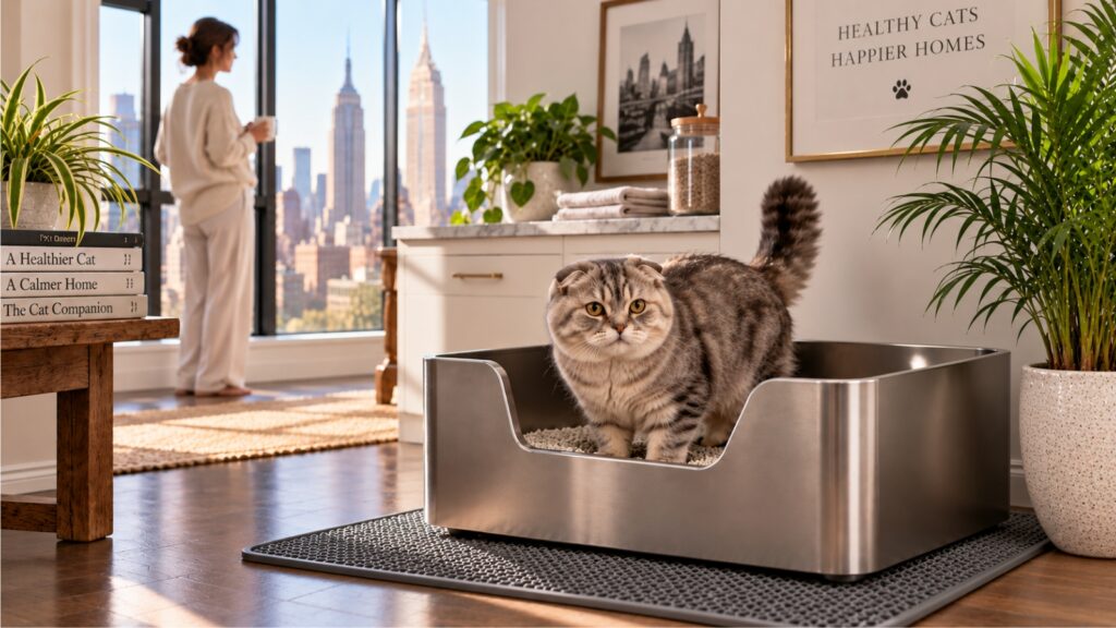 Scottish Fold cat standing in a stainless steel litter box in a bright New York City apartment