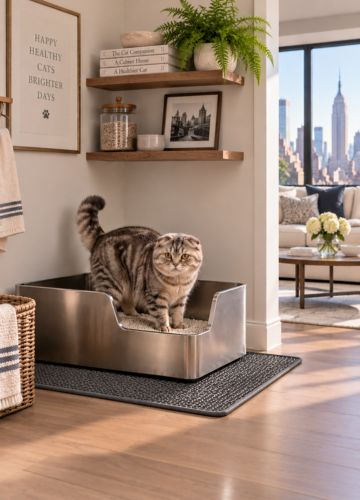 Scottish Fold cat standing comfortably in a spacious stainless steel litter box