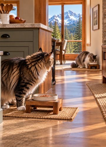 Two Norwegian Forest Cats eating at separate feeding stations in a Washington mountain cabin
