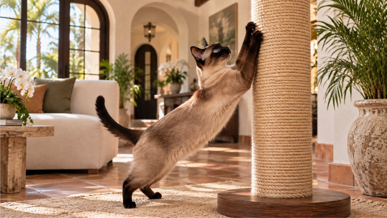 Siamese cat stretching and scratching a tall sisal post indoors