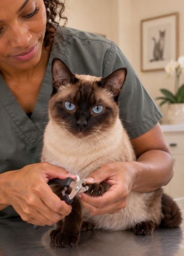 Veterinary professional trimming the claws of a Siamese cat
