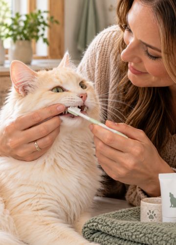 Owner gently brushing a relaxed cat’s teeth with a feline toothbrush.
