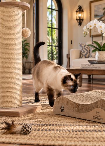 Siamese cat investigating vertical sisal and horizontal cardboard scratchers
