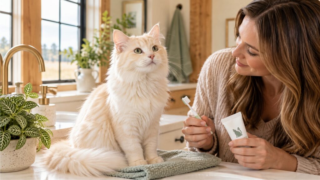 Cat sitting calmly beside an owner preparing to brush its teeth