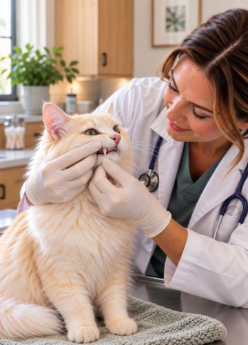 Veterinarian examining a cat's teeth during a professional dental evaluation