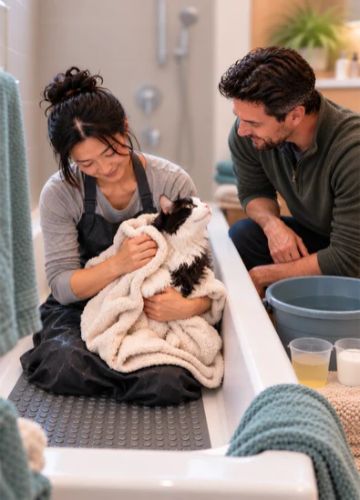 An Asian woman gently holds her slightly damp, alert cat in a soft towel after bathing in a clean family bathroom.
