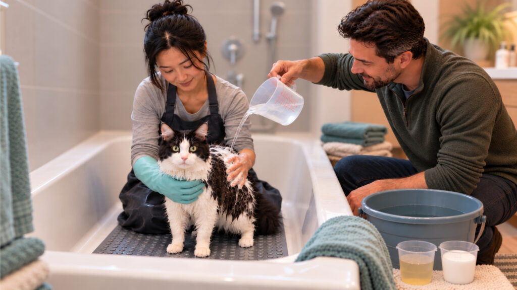 An Asian woman supports her alert cat in a bathtub while her Caucasian husband prepares to pour water from a plastic measuring cup.
