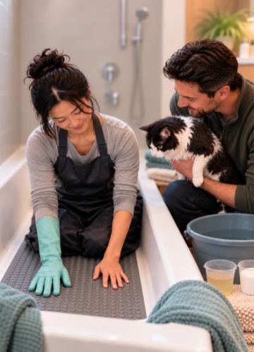 A woman checks a nonslip mat in a bathtub while her husband gently holds their cat beside a bucket of water and bathing supplies.

